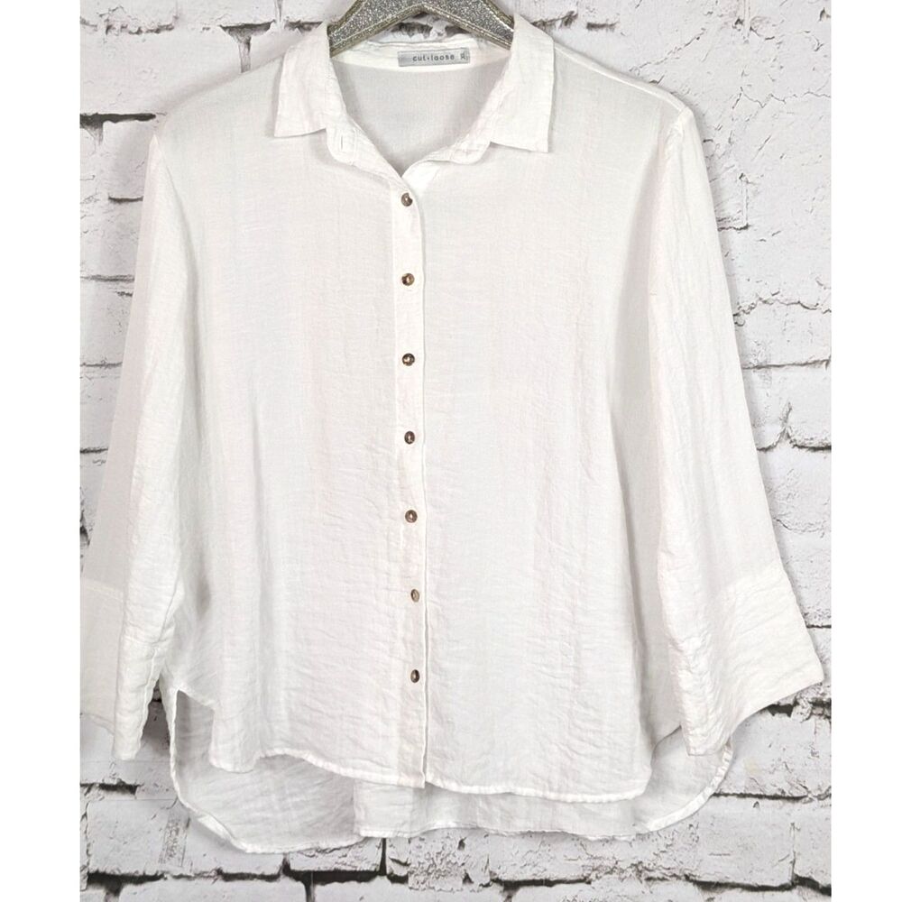 CUT LOOSE White Button-Front Crinkle Rayon Shirt Minimalist Lagenlook Boxy XL